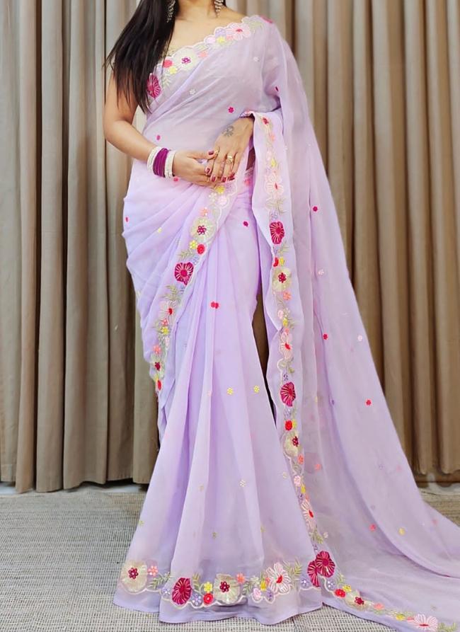 Faux Georgette Lilac Traditional Wear Embroidery Work Saree